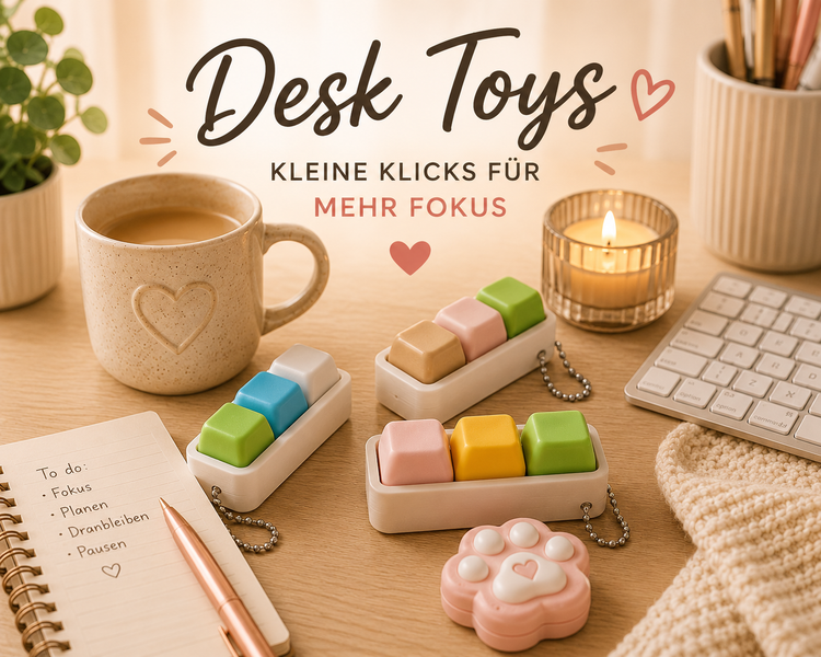 Gemütlicher Schreibtisch mit Keyboard Klickern und desk Toys für Fokus, Entspannung und Stimming.