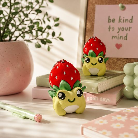 3D-gedruckter Erdbeer-Frosch Fidget Klicker mit liebevollem Design.