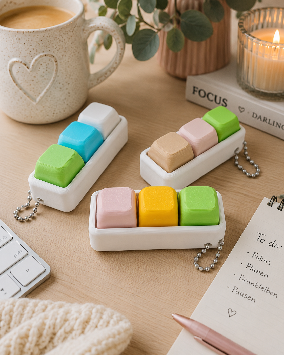 Pastellfarbener Keyboard Klicker mit drei Keycaps auf weißem Gehäuse als sensorisches Fidget für Konzentration und Entspannung.